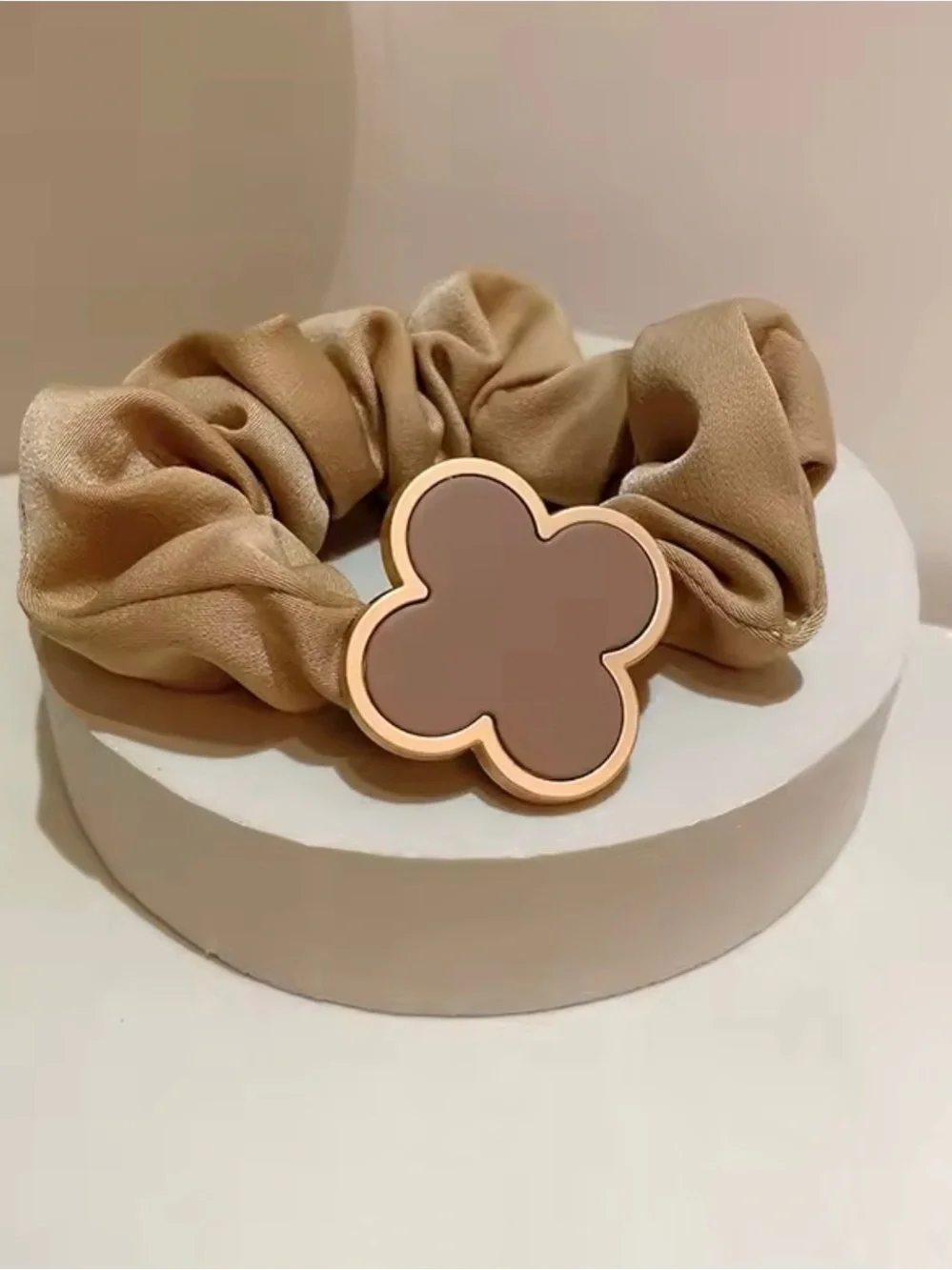 Luxury Neutral Brown Clover Accent Scrunchie - Women Accessories Ponytail NWOT